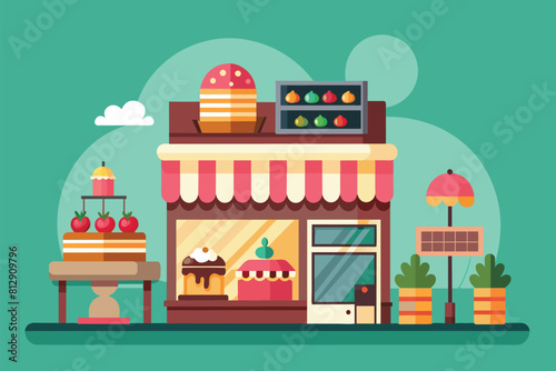 Illustration of a cake shop storefront showcasing a cake on display, Cake shop Customizable Semi Flat Illustration
