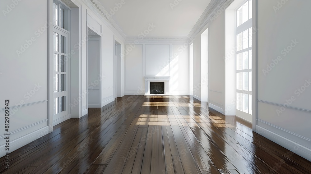 Obraz premium An empty living room with hardwood flooring and white walls on either side of the room there is a fire place in the : Generative AI