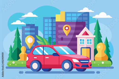 A red car is parked in front of a building, showing a typical urban scene, Car rental Customizable Flat Illustration © Iftikhar alam