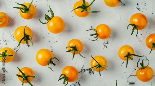 Ripe fresh yellow orange tomatoes with green tails on light gray background flat lay top view Cherry tomatoes Vegetables healthy vegan organic food harvest concept tomatoes pattern lay   Generative AI
