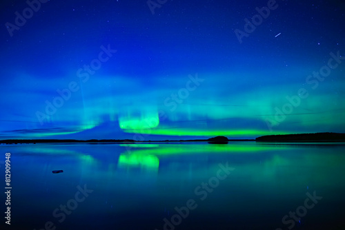 Northern lights dancing over calm lake in north of Sweden. Farnebofjarden national park.