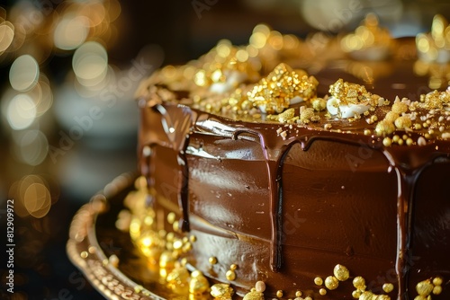 Luxurious chocolate layer cake with glossy ganache and sparkling gold embellishments