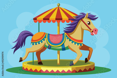 A colorful cartoon horse with an umbrella on a carousel ride, Carousel horse Customizable Cartoon Illustration