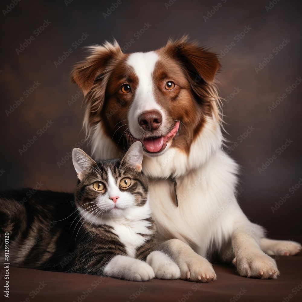 Fototapeta premium A dog and a cat are sitting together, posing for a photo outdoors