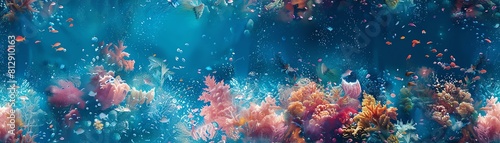 Produce a photorealistic digital painting of a dynamic underwater ecosystem