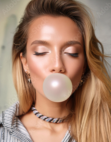 Playful Beauty: Aesthetic Blonde Women Making Gum Balloons in Colorful, Seductive Moments