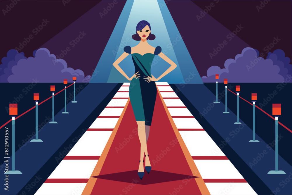 A woman in a dress confidently struts down a runway during a fashion show, Catwalk Customizable Disproportionate Illustration A woman in a dress confidently struts down a runway during a fashion show, Catwalk Customizable Disproportionate Illustration