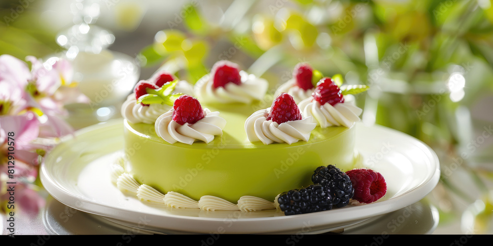 Stylish presentation of a Japanese matcha green tea cake, with whipped cream and fresh berries on white plate Stylish presentation of a Japanese matcha green tea cake, with whipped cream and fresh berries on white plate