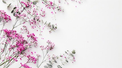 Flowers composition Frame made of of pink gypsophila flowers and eucalyptus branches on white background Flat lay top view copy space : Generative AI