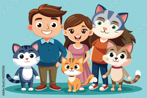 A diverse group of individuals standing side by side, each holding a cat, Cat family Customizable Cartoon Illustration