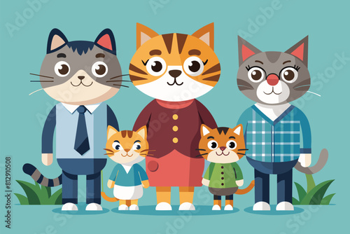 Various cats of different colors and sizes standing closely together in a group  Cat family Customizable Flat Illustration