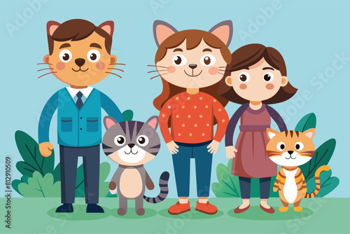 Diverse group of individuals standing next to each other with various cats, Cat family Customizable Cartoon Illustration