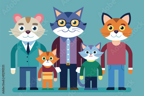 A group of cats standing side by side in a row, Cat family Customizable Disproportionate Illustration