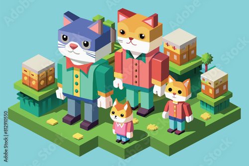 Several cats of different colors and sizes are gathered next to each other in a group, Cat family Customizable Isometric Illustration