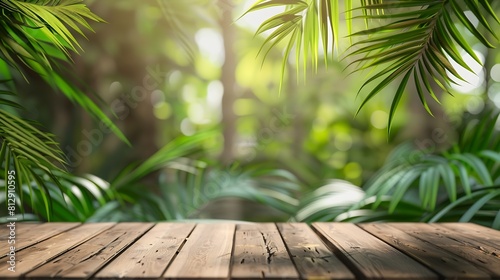 Wood tabletop counter podium floor in outdoors tropical garden forest blurred green palm leaf plant nature backgroundNatural product placement pedestal stand displaysummer jungle parad   Generative AI