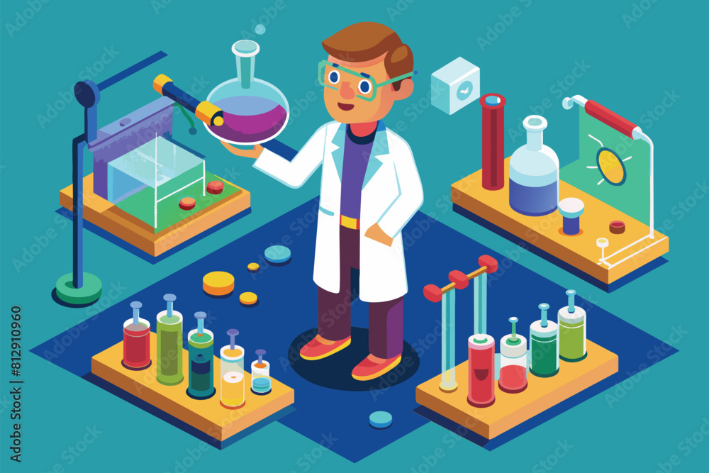 A chemist in a lab coat is holding a flask, Chemist Customizable Isometric Illustration A chemist in a lab coat is holding a flask, Chemist Customizable Isometric Illustration
