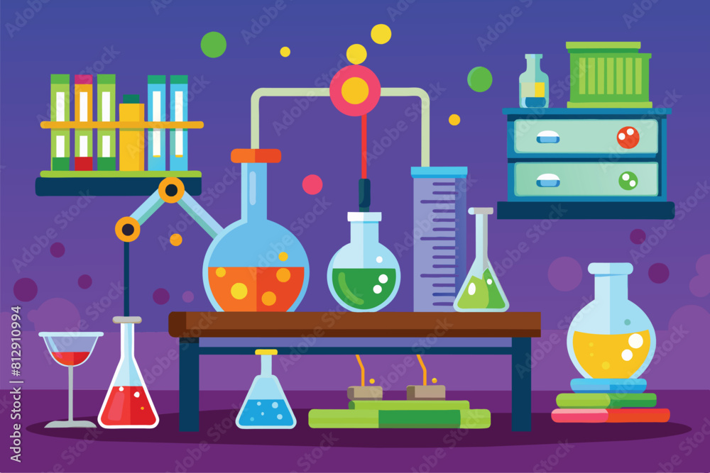 An illustration of a chemistry lab table covered with various flasks filled with different colored liquids, Chemistry lab Customizable Cartoon Illustration An illustration of a chemistry lab table covered with various flasks filled with different colored liquids, Chemistry lab Customizable Cartoon Illustration