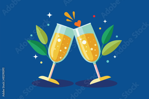 Two glasses of champagne placed on a blue background in a customizable semi-flat illustration, Champagne toast Customizable Semi Flat Illustration