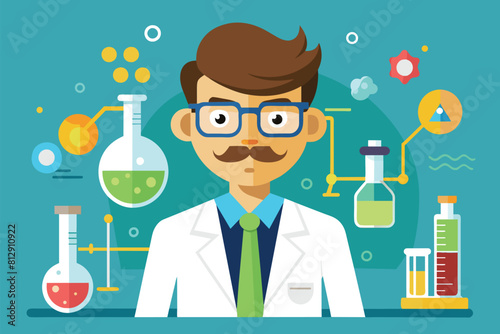 A man with a mustache, wearing a lab coat and glasses, stands in a laboratory setting, Chemist Customizable Disproportionate Illustration