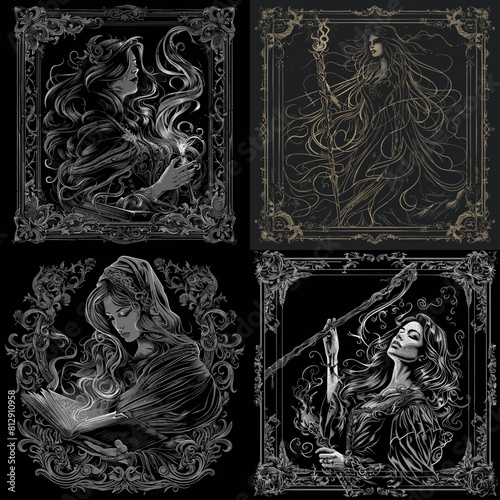 Elegant gothic witch artwork featuring mystical sorceresses with flowing hair, enchanted books, magical staffs, and dark fantasy aesthetics in a detailed monochrome illustration