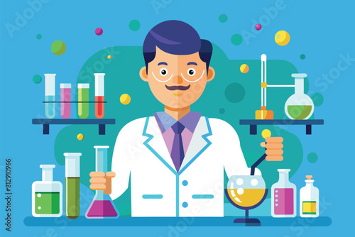 A man in a lab coat holding a beaker in a scientific laboratory setting, Chemist Customizable Flat Illustration