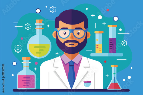 A man wearing glasses and a beard stands in a lab coat, Chemist Customizable Semi Flat Illustration
