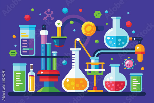 Various scientific tools and instruments are arranged on a purple backdrop in a chemical laboratory setting, Chemistry lab Customizable Disproportionate Illustration