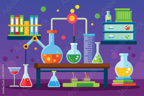 An illustration of a chemistry lab table covered with various flasks filled with different colored liquids, Chemistry lab Customizable Cartoon Illustration