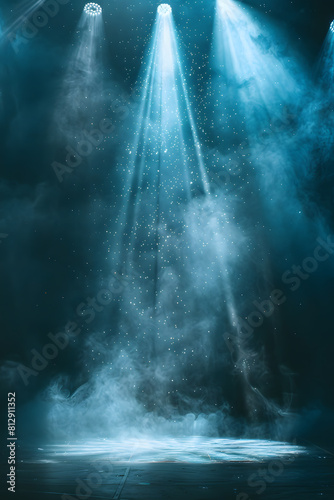 Intense beams of light cut through the fog on an empty stage  suggesting preparation for a performance