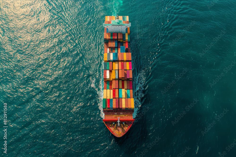 Fototapeta premium Aerial view of a large container ship in the ocean, a patchwork of colorful containers on board. AI generated.
