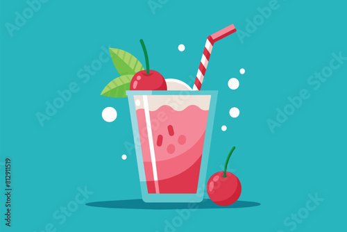A cherry on the side of a drink with a straw, Cherry drink Customizable Flat Illustration