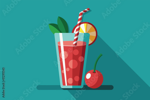 A cherry drink with a straw on a blue background, Cherry drink Customizable Semi Flat Illustration