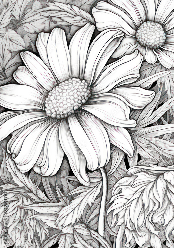 Detailed black and white drawing of daisies surrounded by lush foliage. Detailed black and white drawing of daisies surrounded by lush foliage.