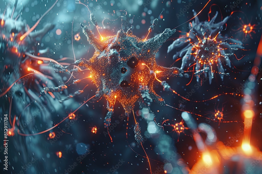 Nano Technology Macro Close-Up Nanobot Attacking Bacteria Virus Cells,Scientific Nanobot Battle Against Pathogens Nano Technology Macro Close-Up Nanobot Attacking Bacteria Virus Cells,Scientific Nanobot Battle Against Pathogens
