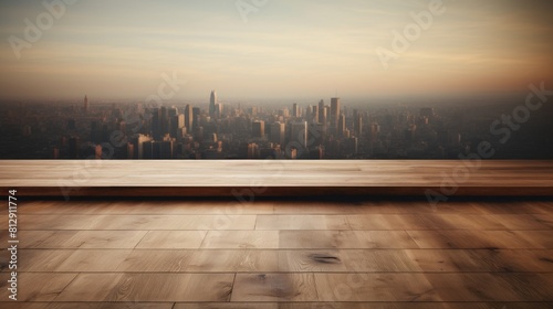 A view of a cityscape in the background with an empty wooden floor in the foreground © Prompt2image