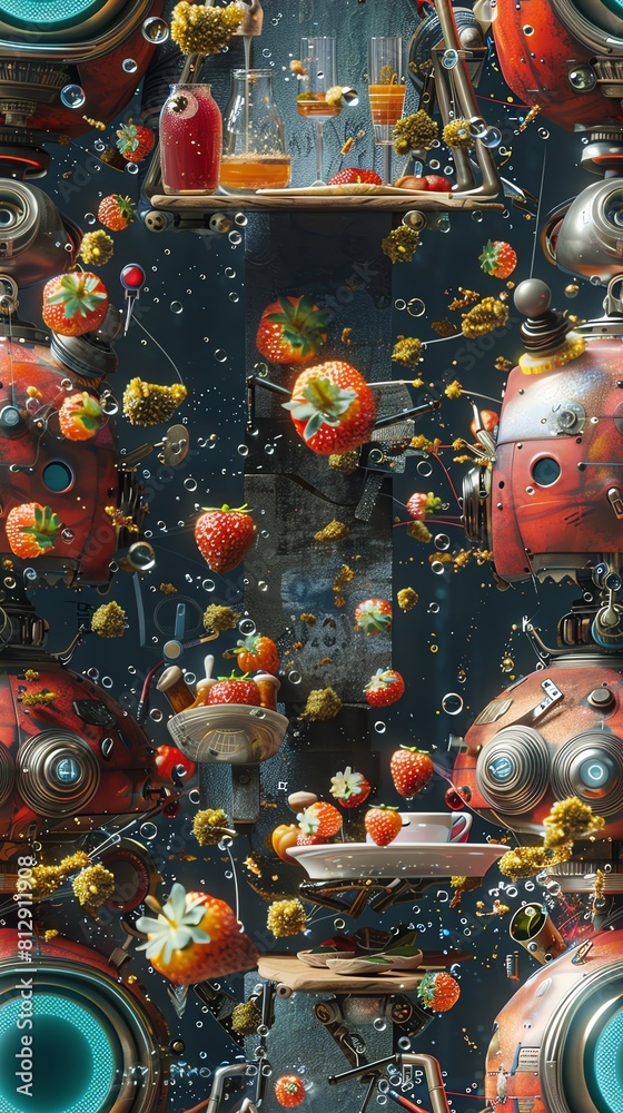 Naklejka premium Capture the aerial view of a robot chef skillfully blending traditional culinary techniques with futuristic flair