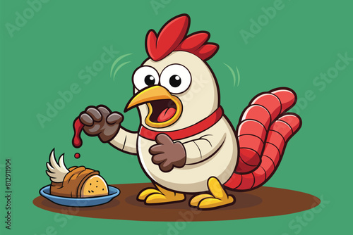 A cartoon chicken is nibbling on a piece of bread, Chicken eating a worm Customizable Cartoon Illustration