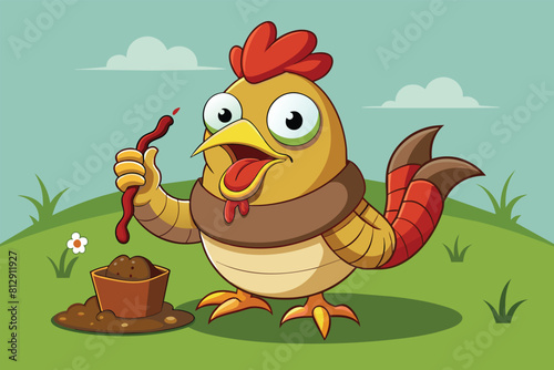 Cartoon chicken holding a shovel and digging in the ground, Chicken eating a worm Customizable Cartoon Illustration