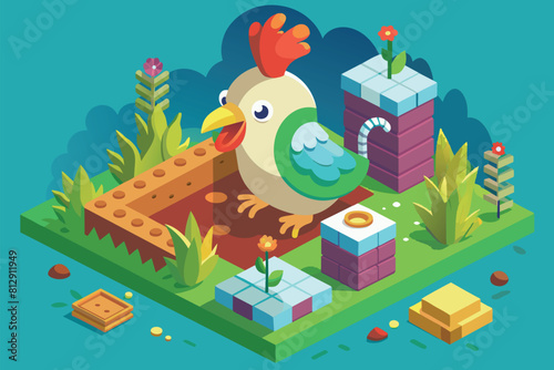 A chicken is standing on a block in the ground, Chicken eating a worm Customizable Isometric Illustration