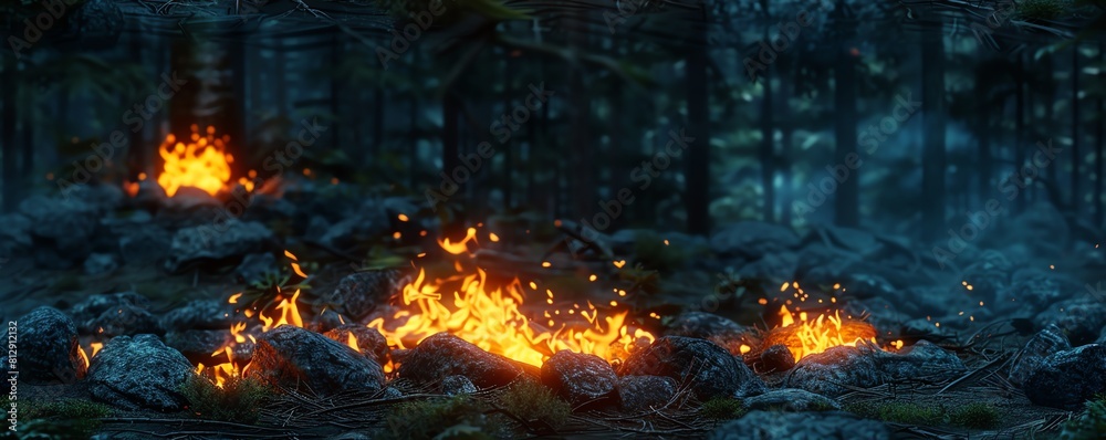 Capture the ethereal glow of a holographic campfire amidst a dense forest using hyper-realistic digital techniques Explore unique camera angles to immerse viewers in the fusion of Capture the ethereal glow of a holographic campfire amidst a dense forest using hyper-realistic digital techniques Explore unique camera angles to immerse viewers in the fusion of
