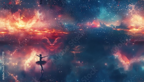 Capture the ethereal beauty of a ballerina gracefully dancing in the vastness of space Implement a surreal blend of cosmic elements and delicate ballet poses photo
