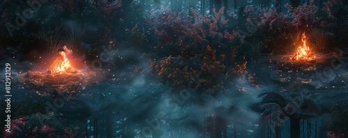 Capture the ethereal glow of a holographic campfire amidst a dense forest using hyper-realistic digital techniques Explore unique camera angles to immerse viewers in the fusion of  photo