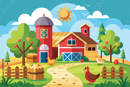 A farm setting with a traditional barn and chickens roaming around, Chicken farm Customizable Flat Illustration