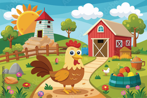 A chicken is standing in the grass near a barn, Chicken farm Customizable Cartoon Illustration