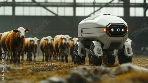 Within the confines of a futuristic farm, a herding robot moves with gentle precision, guiding livestock with subtle nudges and expert maneuvers. photo