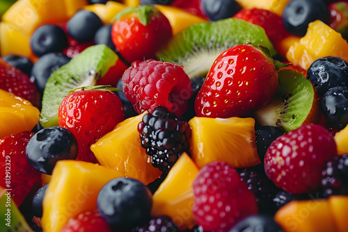 An appetizing close-up of a mixed fruit salad, showcasing a variety of fresh berries and tropical fruits with vibrant colors and textures