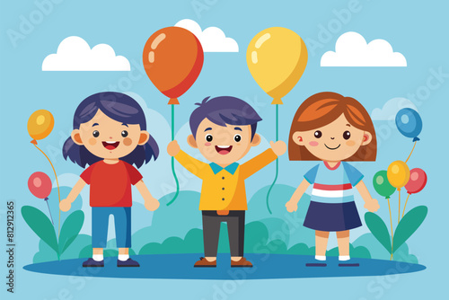 Children standing in a group  each holding colorful balloons  Children with balloons Customizable Flat Illustration