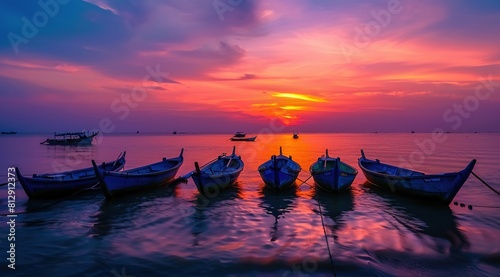 Sunset over the sea with fishing boats.