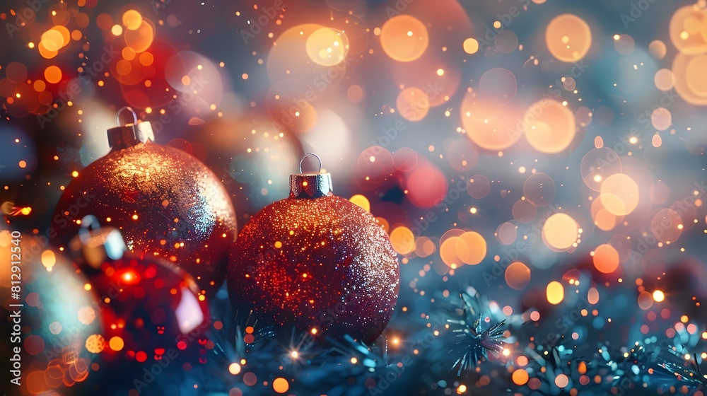 Sparkling and Enchanting Christmas Holiday Backdrop with Festive Ornaments and Bokeh Lights Sparkling and Enchanting Christmas Holiday Backdrop with Festive Ornaments and Bokeh Lights
