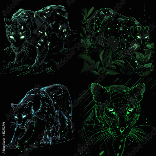 Futuristic cybernetic panther artwork featuring glowing neon circuitry, digital aesthetics, and a sleek, stealthy design blending sci-fi and technological evolution